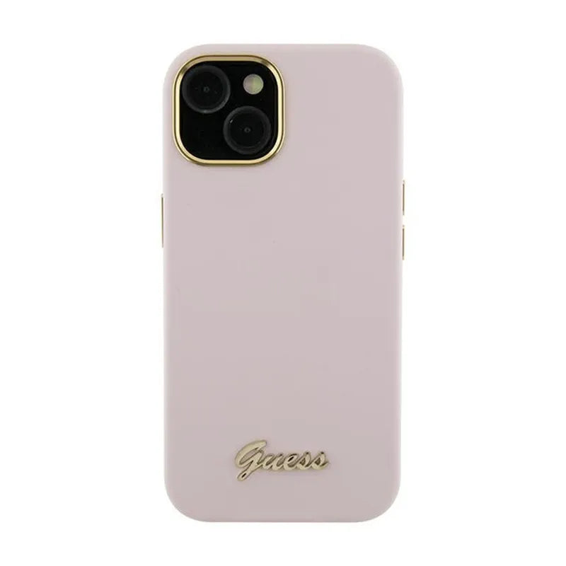 Guess Silicone Script Metal Logo & Frame – dėklas iPhone 15 Pro Max (rožinis)