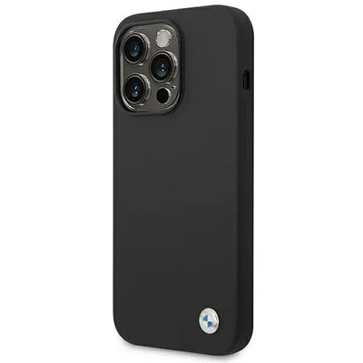 BMW Liquid Silicone dėklas su metaliniu logotipu, skirtas iPhone 14 Pro Max (juodas)