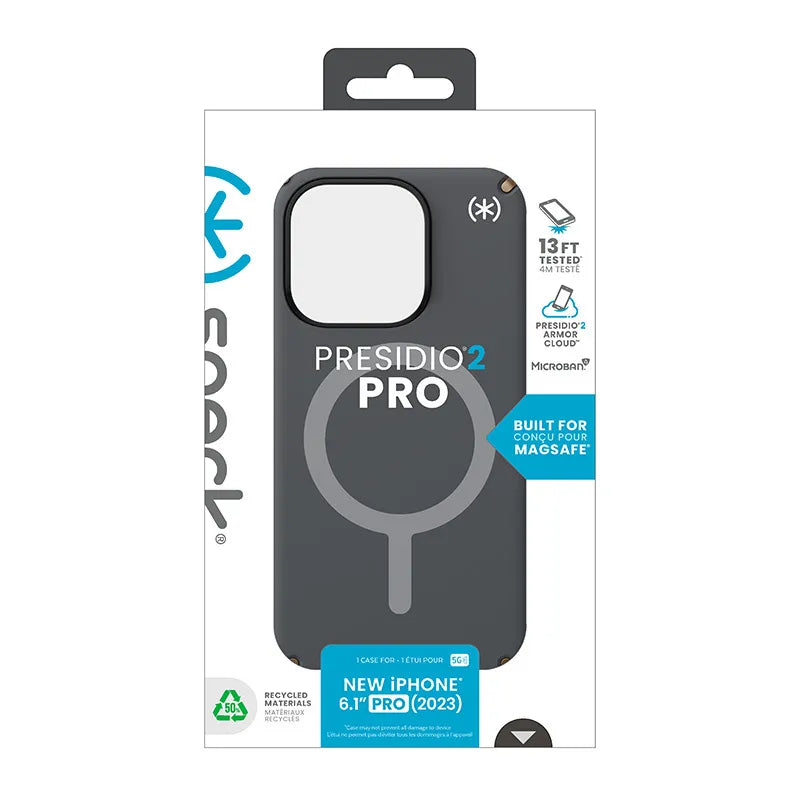 Speck Presidio2 Pro Magsafe – „iPhone 15 Pro“ dėklas (anglies pilka / vėsi bronza / balta)