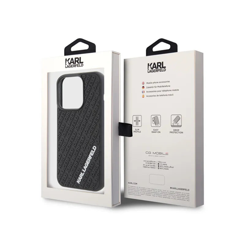 Karl Lagerfeld 3D Rubber Multi Logo dėklas, skirtas iPhone 15 Pro (juodas)