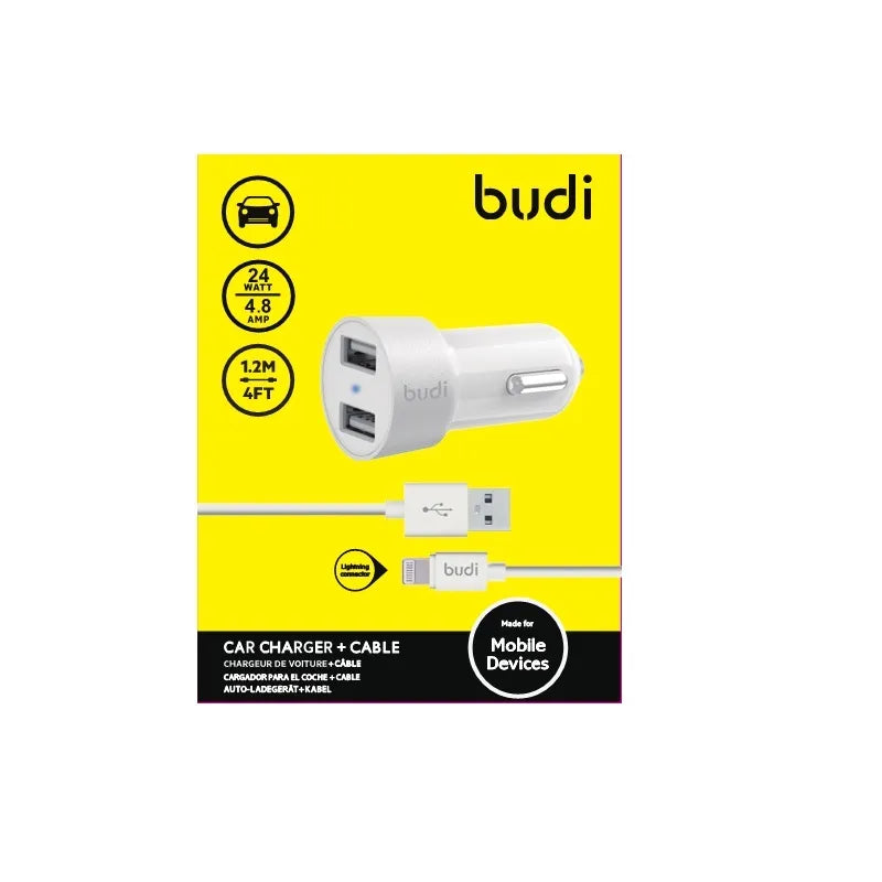Budi – 2 USB automobilinis įkroviklis su LED indikatoriumi + Lightning laidas