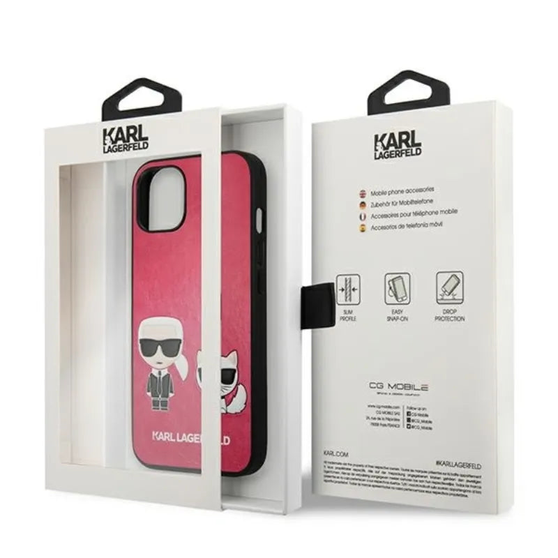 Karl Lagerfeld PU odinis dėklas Karl & Choupette Embossed – skirtas iPhone 13 Mini (fuksijos spalvos)