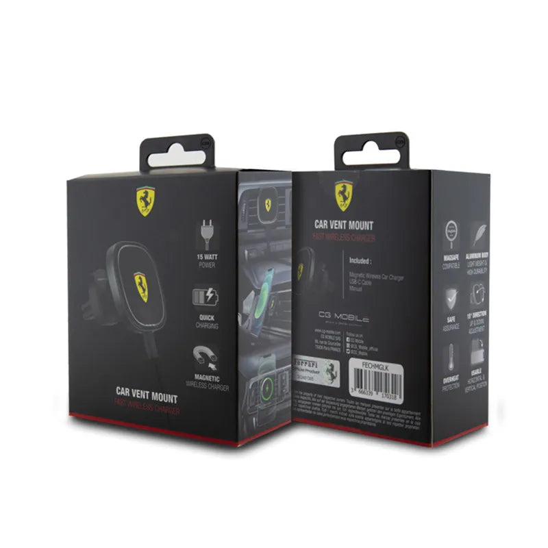 Ferrari MagSafe kolekcija – magnetinis automobilinis laikiklis su 15 W belaidžiu įkrovimu (juodas)