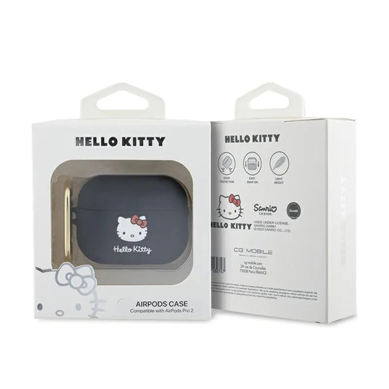 Hello Kitty silikoninis 3D kačiuko galvos formos dėklas, skirtas AirPods Pro 2 (juodas)
