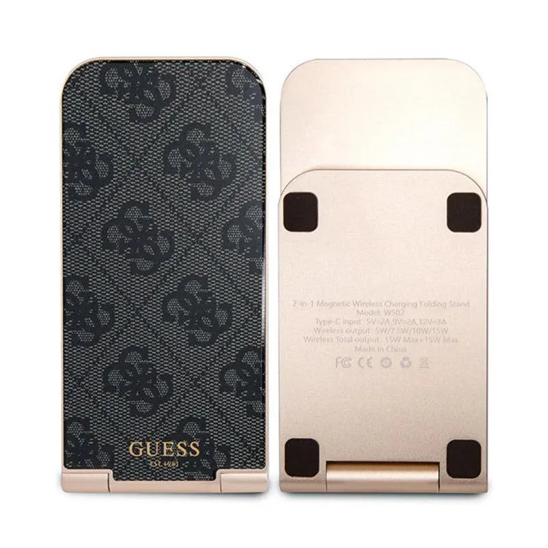 Guess 4G Pattern MagSafe – sulankstomas 2-in-1 indukcinis įkroviklis su MagSafe technologija, skirtas iPhone ir AirPods 15W (juodas)