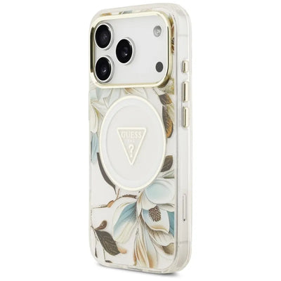 Guess IML Glitter Flowers Triangle MagSafe – dėklas iPhone 17 Pro (baltas)