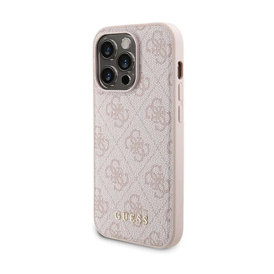 „Guess“ rinkinys „MagSafe 4G Metal Gold Logo“ – dėklo komplektas + „Power Bank“ 5000 mAh „MagSafe“ „iPhone 15 Pro“ (rožinis)