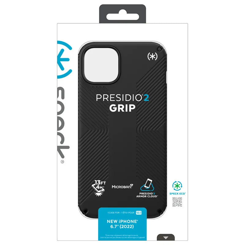 Speck Presidio2 Grip – neslystantis dėklas Apple iPhone 15 Plus / 14 Plus (juodas / juodas / baltas)