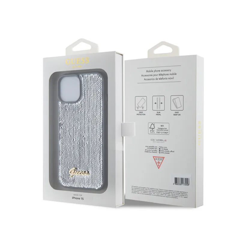 Guess Sequin Script Metal – dėklas iPhone 15 (sidabrinis)