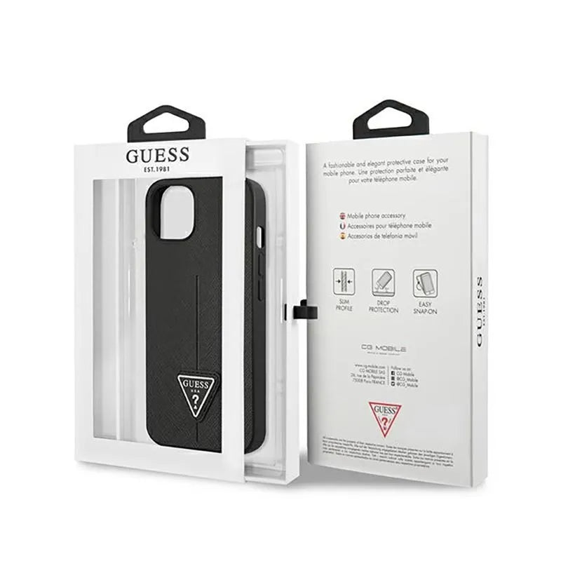 „Guess Saffiano Triangle Logo“ dėklas – dėklas „iPhone 14 Plus“ telefonui (juodas)