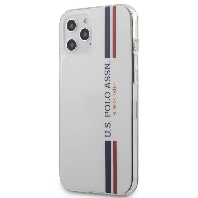US Polo Assn Shiny Tricolor Stripes dėklas, skirtas iPhone 12 Pro Max (baltas)