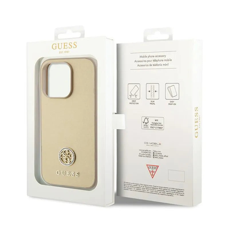 Guess 4G Strass Metal Logo – dėklas iPhone 15 Pro (auksinis)