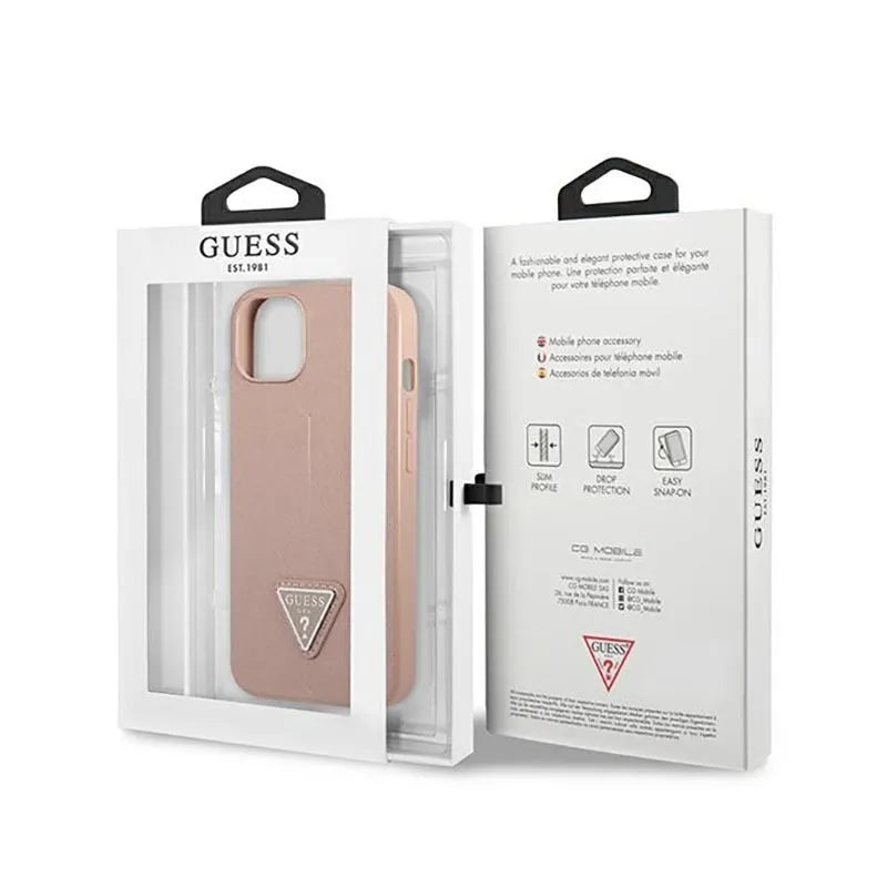 „Guess Saffiano Triangle Logo“ dėklas – dėklas „iPhone 14 Plus“ (rožinis)
