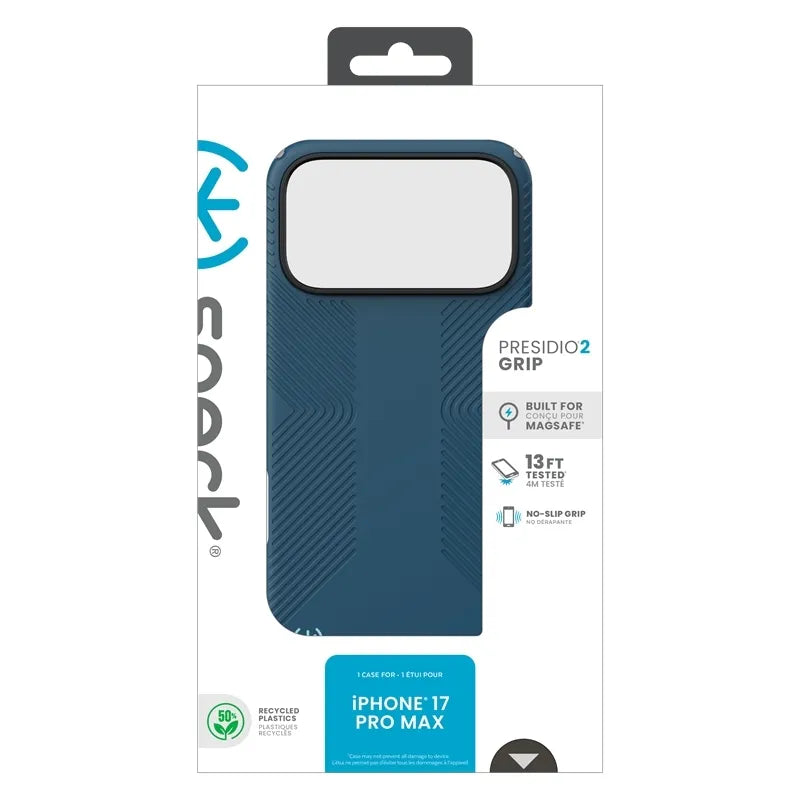 Speck Presidio2 Grip MagSafe – dėklas iPhone 17 Pro Max (Deep Sea/sidabrinė metalo spalva)