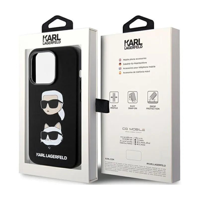 Karl Lagerfeld Silicone Karl & Choupette Heads dėklas iPhone 15 Pro Max telefonui (juodas)