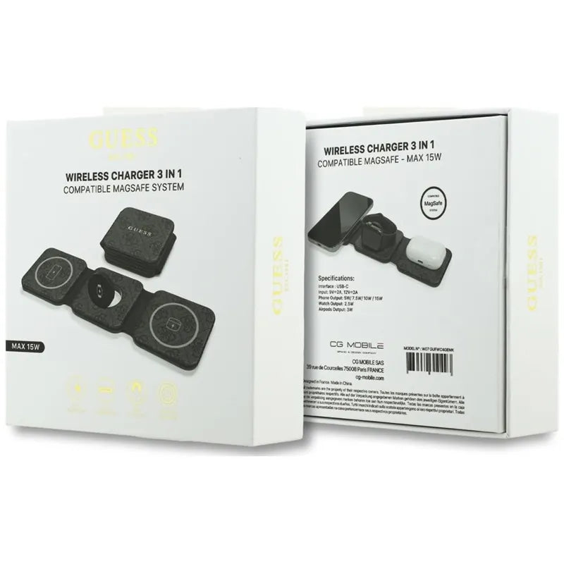 Belaidis įkroviklis Guess 4G – „MagSafe“ 3-viename indukcinis įkroviklis, skirtas iPhone, AirPods ir Apple Watch 15 W (juodas)