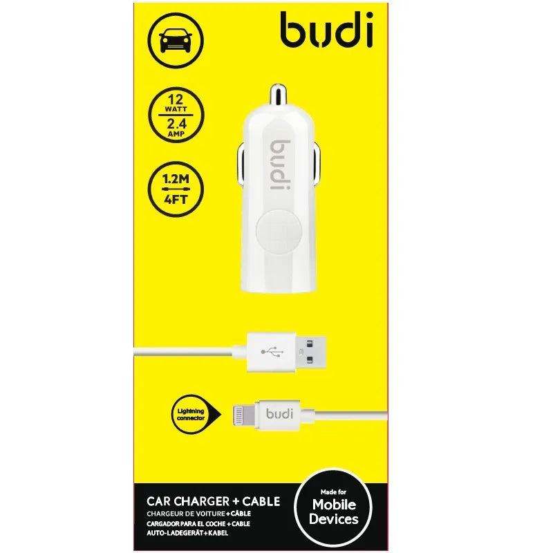 Budi – 1 USB automobilinis įkroviklis su LED indikatoriumi ir „Lightning“ laidu