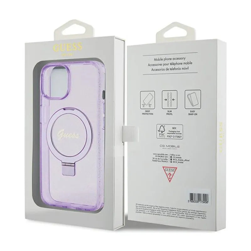 Guess Ring Stand Script Glitter MagSafe – dėklas Apple iPhone 15 Plus (violetinis)