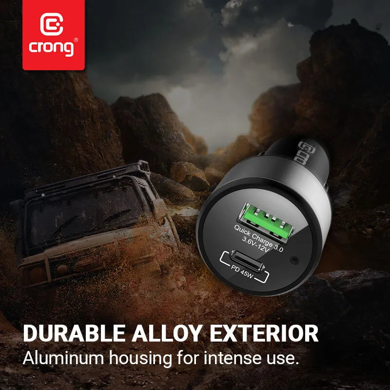 Crong automobilinis įkroviklis 63 W – USB-C PD 45 W automobilinis įkroviklis + USB QC 3.0 18 W (juodas)