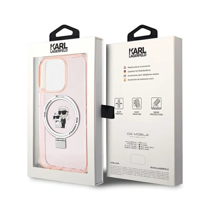 Karl Lagerfeld Ring Stand Karl & Choupette MagSafe dėklas - iPhone 15 Pro Max (rožinis)