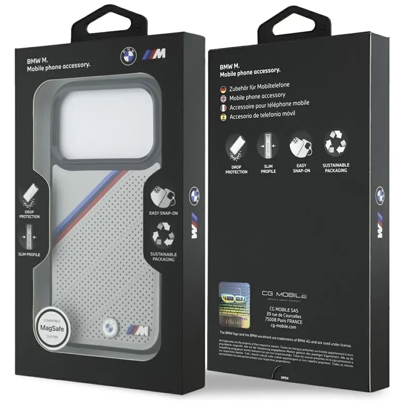 BMW M Tricolor Metal Logo MagSafe – iPhone 17 Pro dėklas (pilkas)