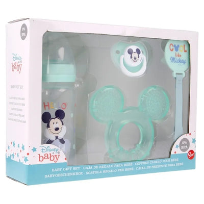 Mickey Mouse – Kūdikių rinkinys (buteliukas su žinduku 240 ml, anatominis čiulptukas, kramtukas, čiulptuko laikiklis) (Cool)