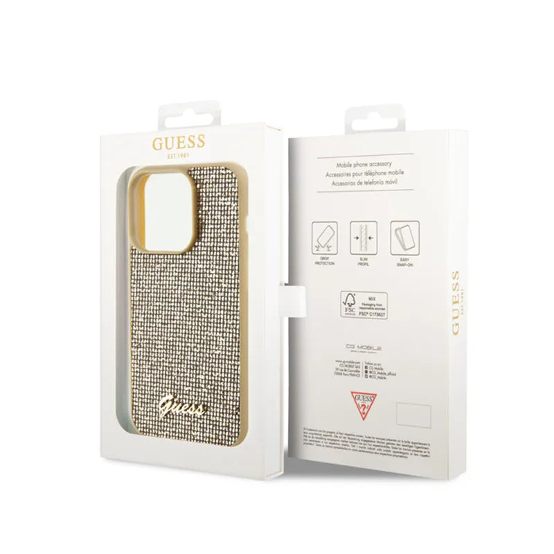 Guess Disco Metal Script – dėklas „iPhone 15 Pro“ (auksinis)