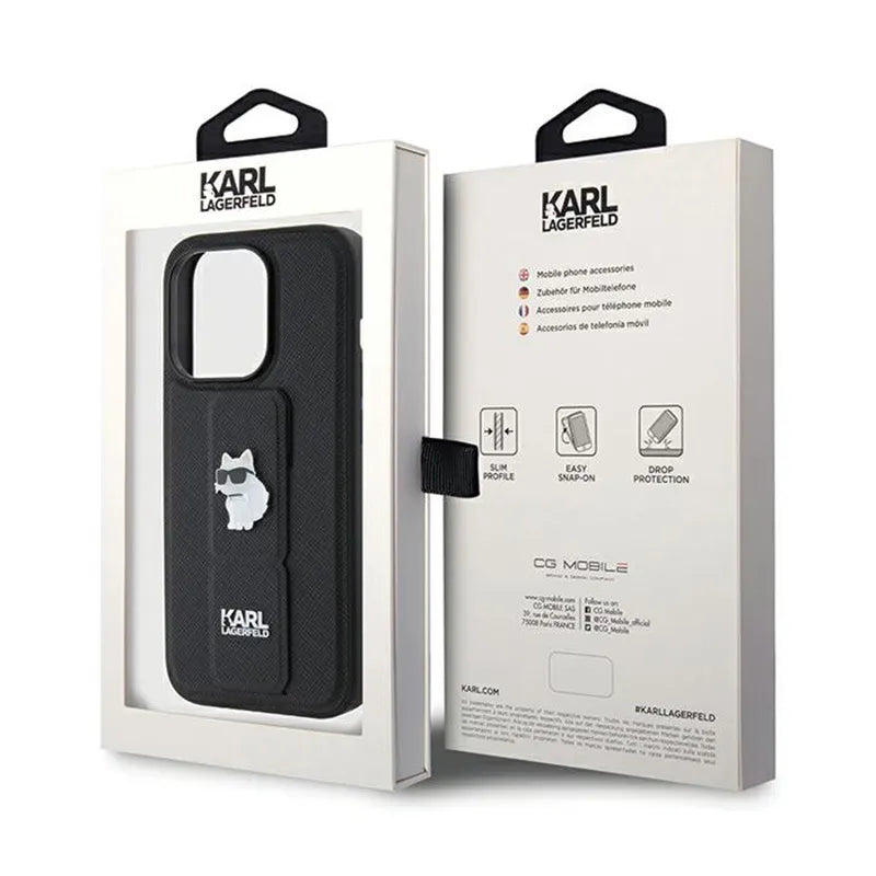 Karl Lagerfeld Gripstand Saffiano Choupette Pins – dėklas iPhone 14 Pro (juodas)