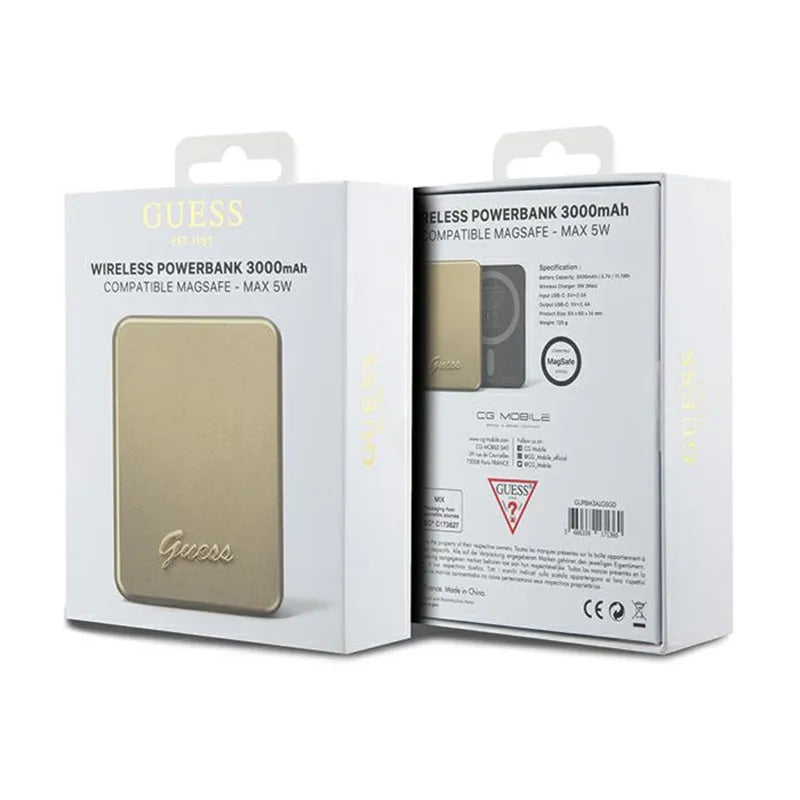 Guess Metal Script Logo MagSafe – indukcinis maitinimo bankas 3000 mAh 5W MagSafe (auksinis)