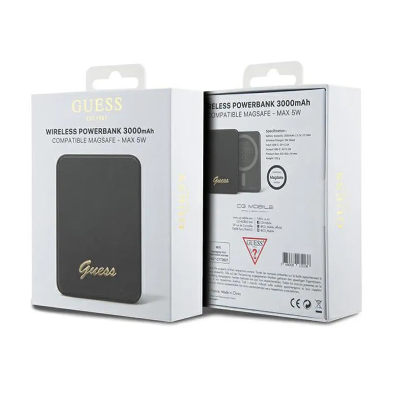 Guess Metal Script Logo MagSafe – 3000 mAh 5W MagSafe indukcinis maitinimo blokas (juodas)