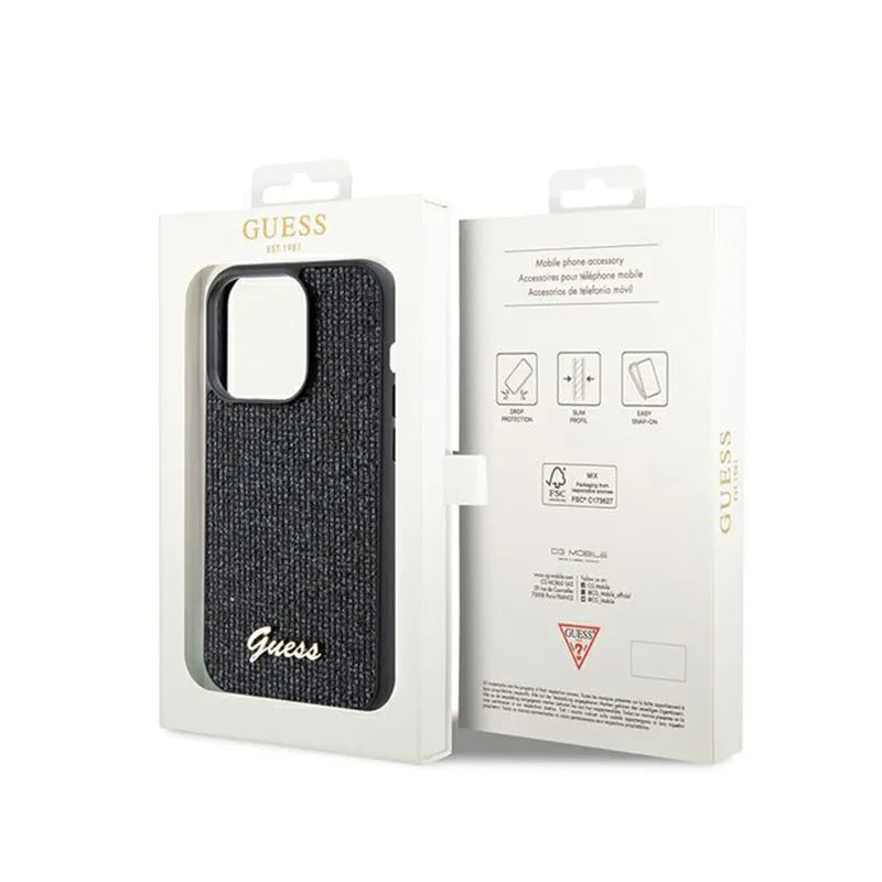 Guess Disco Metal Script – dėklas „iPhone 14 Pro“ (juodas)