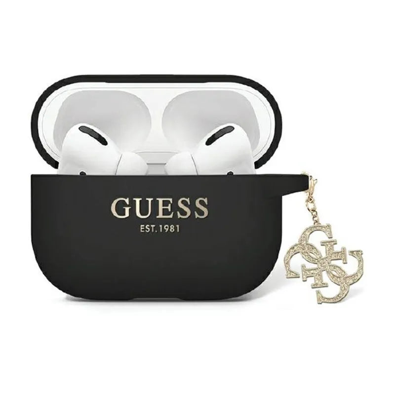 Guess Liquid Silicone Glitter Triangle Charm – dėklas AirPods Pro 2 ausinėms (juodas)