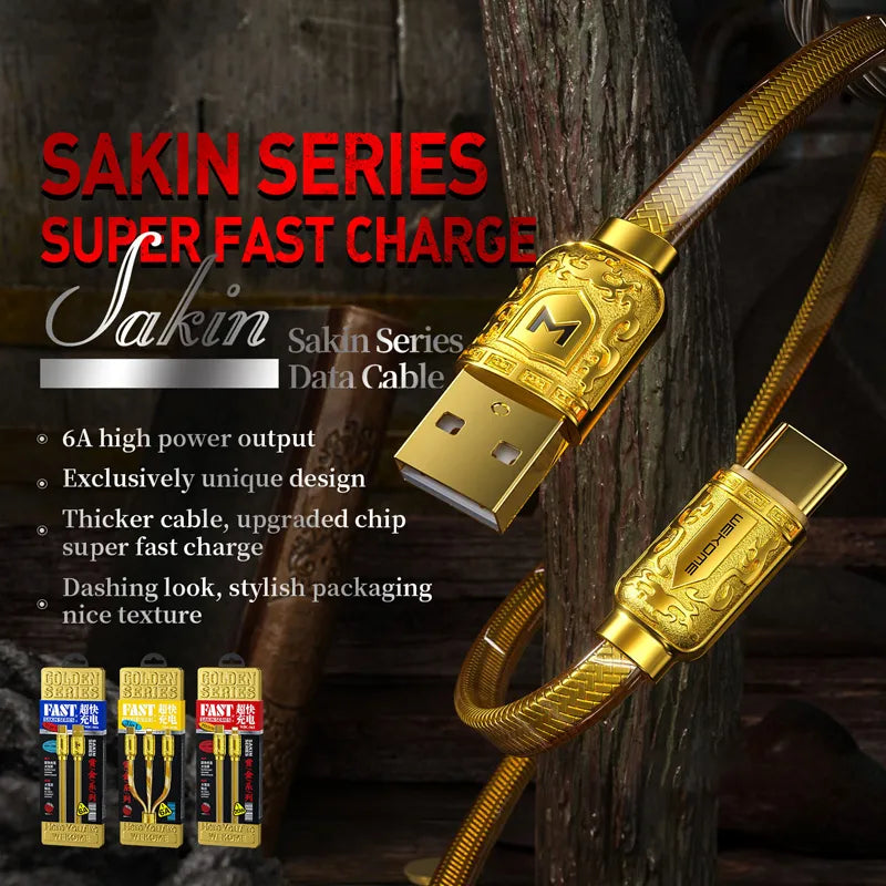 WEKOME WDC-161 Sakin Series – USB-A į Micro USB greito įkrovimo 6A jungiamasis laidas 1 m (Auksinis)
