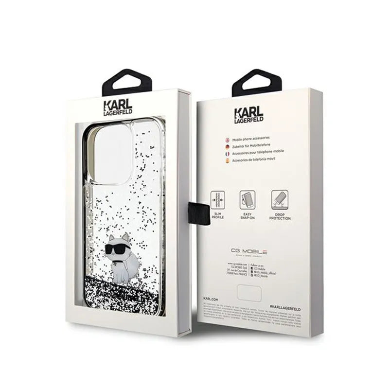 Karl Lagerfeld Liquid Glitter Choupette – dėklas iPhone 14 Pro (skaidrus)