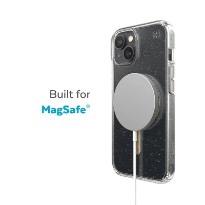 Speck Presidio Perfect-Clear with Glitter + MagSafe – iPhone 15 Plus / 14 Plus dėklas su MICROBAN danga (skaidrus / auksiniai blizgučiai)