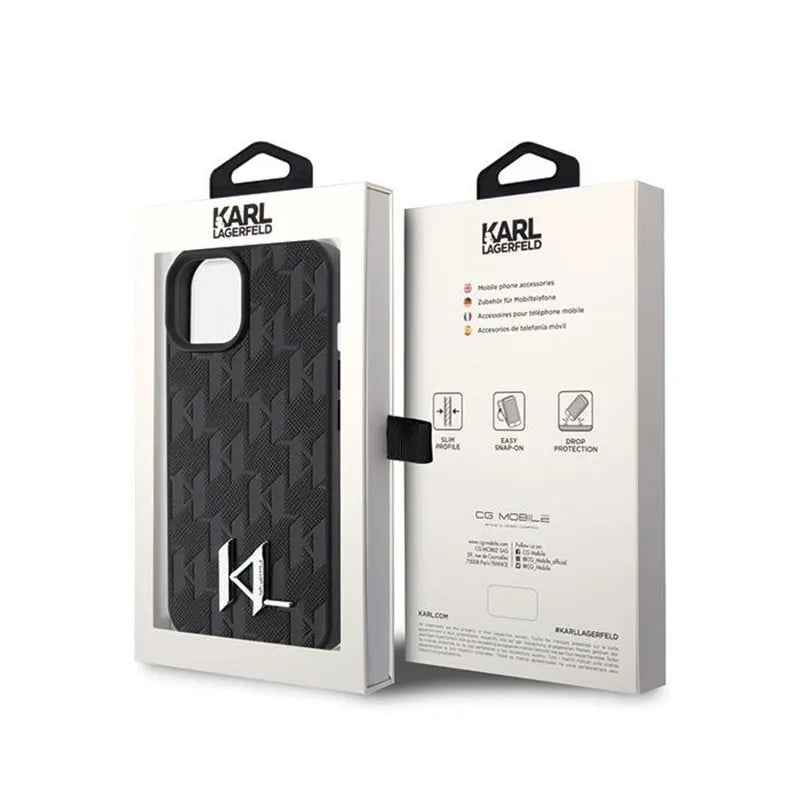 Karl Lagerfeld Leather Monogram Hot Stamp Metal Logo – dėklas iPhone 15 telefonui (juodas)