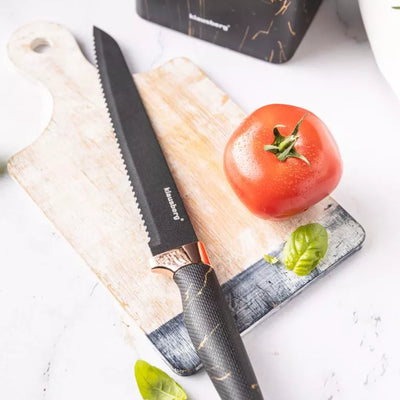 Klausberg virtuvinių peilių rinkinys su stovu ir žirklėmis, 6 dalių, juodas su rudos spalvos elementais KB-7770