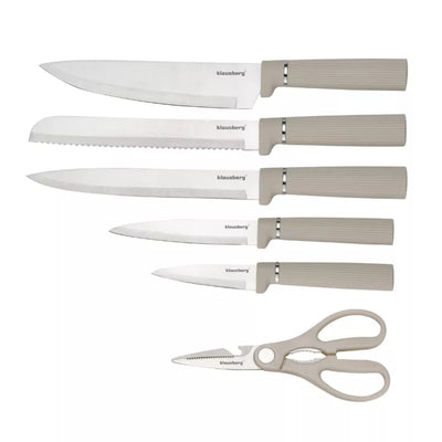 Klausberg peilių rinkinys su stovu, pjaustymo lentele ir popierinių rankšluosčių laikikliu 8 dalių smėlio spalvos KB-7978