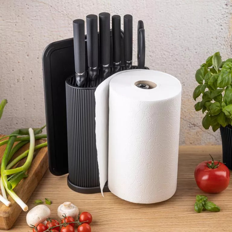 Klausberg peilių rinkinys su stovu, pjaustymo lentele ir popierinių rankšluosčių laikikliu 8 dalių juodas KB-7977