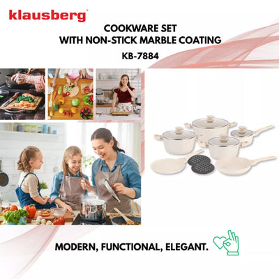Klausberg puodų ir keptuvių rinkinys 12 dalių aliuminis su marmuro danga kreminis KB-7884