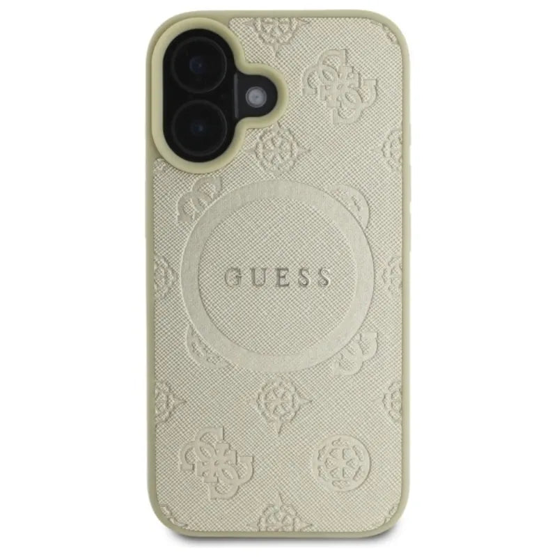 Guess Saffiano Peony Classic Logo MagSafe – dėklas iPhone 16 (auksinis)