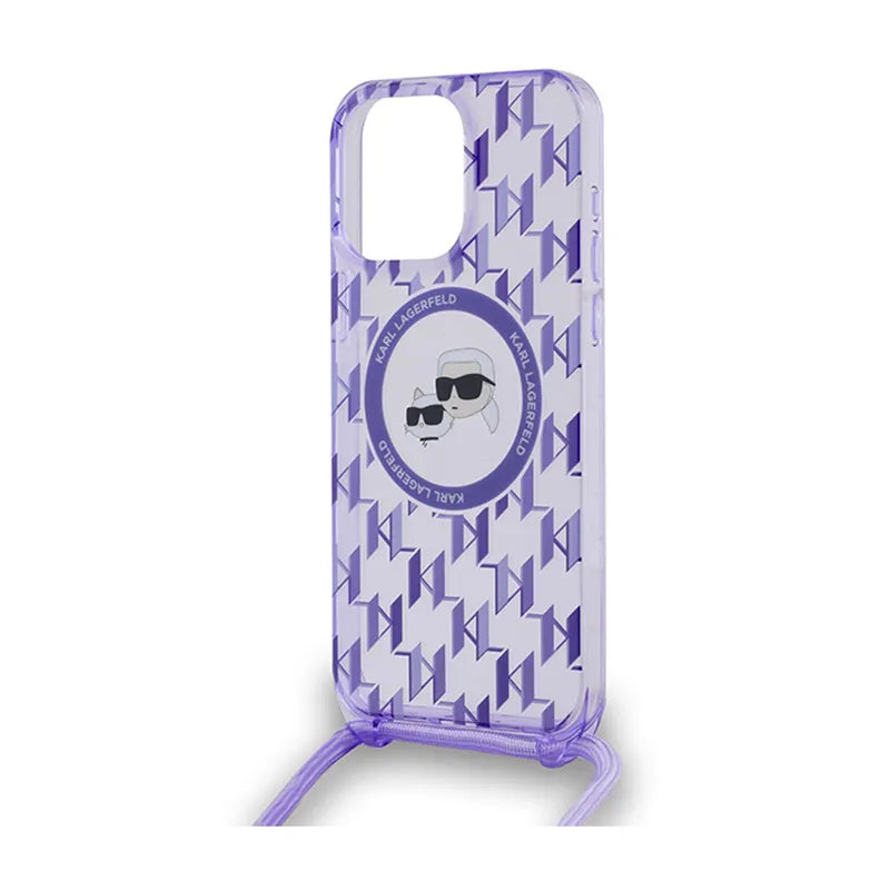 Karl Lagerfeld IML Crossbody Monogram Karl & Choupette Head MagSafe – dėklas iPhone 15 Pro (violetinis)