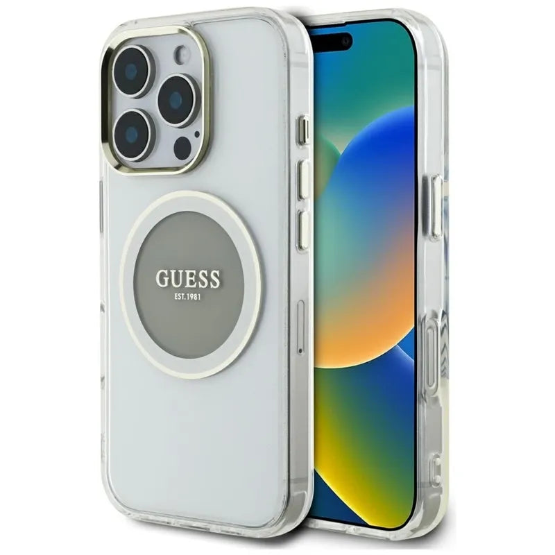„Guess IML Metal Colored Circle Classic Logo MagSafe“ – dėklas, skirtas „iPhone 16 Pro Max“ (pilkas)