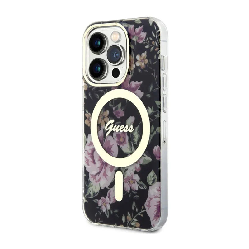 Guess Flower MagSafe – dėklas, skirtas iPhone 14 Pro (juodas)