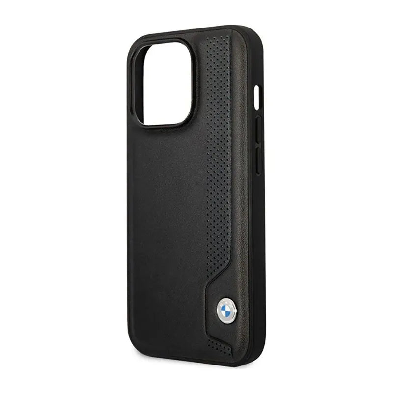 BMW Leather Blue Dots – Dėklas iPhone 14 Pro (juodas)