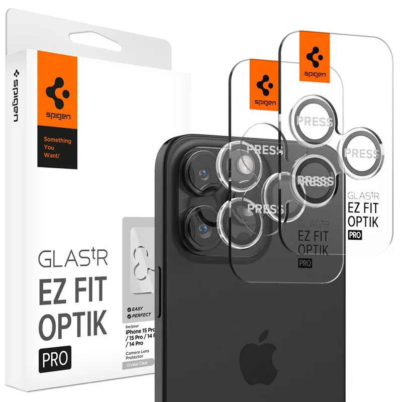 Spigen Optik Pro GLAS.TR EZ Fit kameros apsauga 2 vnt. rinkinys – objektyvo apsauginis stiklas, skirtas iPhone 16 Pro / 16 Pro Max / 15 Pro / 15 Pro Max / 14 Pro / 14 Pro Max (2 vnt.)
