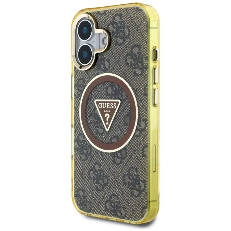 Guess IML Metal Glitter 4G Circle Triangle MagSafe – Dėklas iPhone 16 (rudas)
