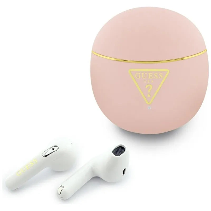 „Guess Gold Line Triangle“ – „TWS Bluetooth“ ausinės + įkrovimo dėklas (rožinės spalvos)