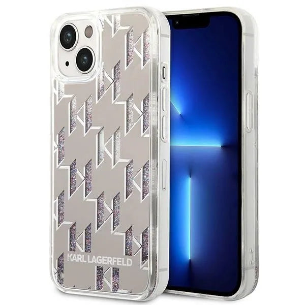 Karl Lagerfeld Monogram Liquid Glitter – dėklas, skirtas iPhone 14 Plus (sidabrinis)