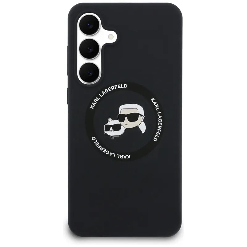 Karl Lagerfeld Silicone Karl & Choupette Heads MagSafe – Dėklas Samsung Galaxy S25 FE (juodas)